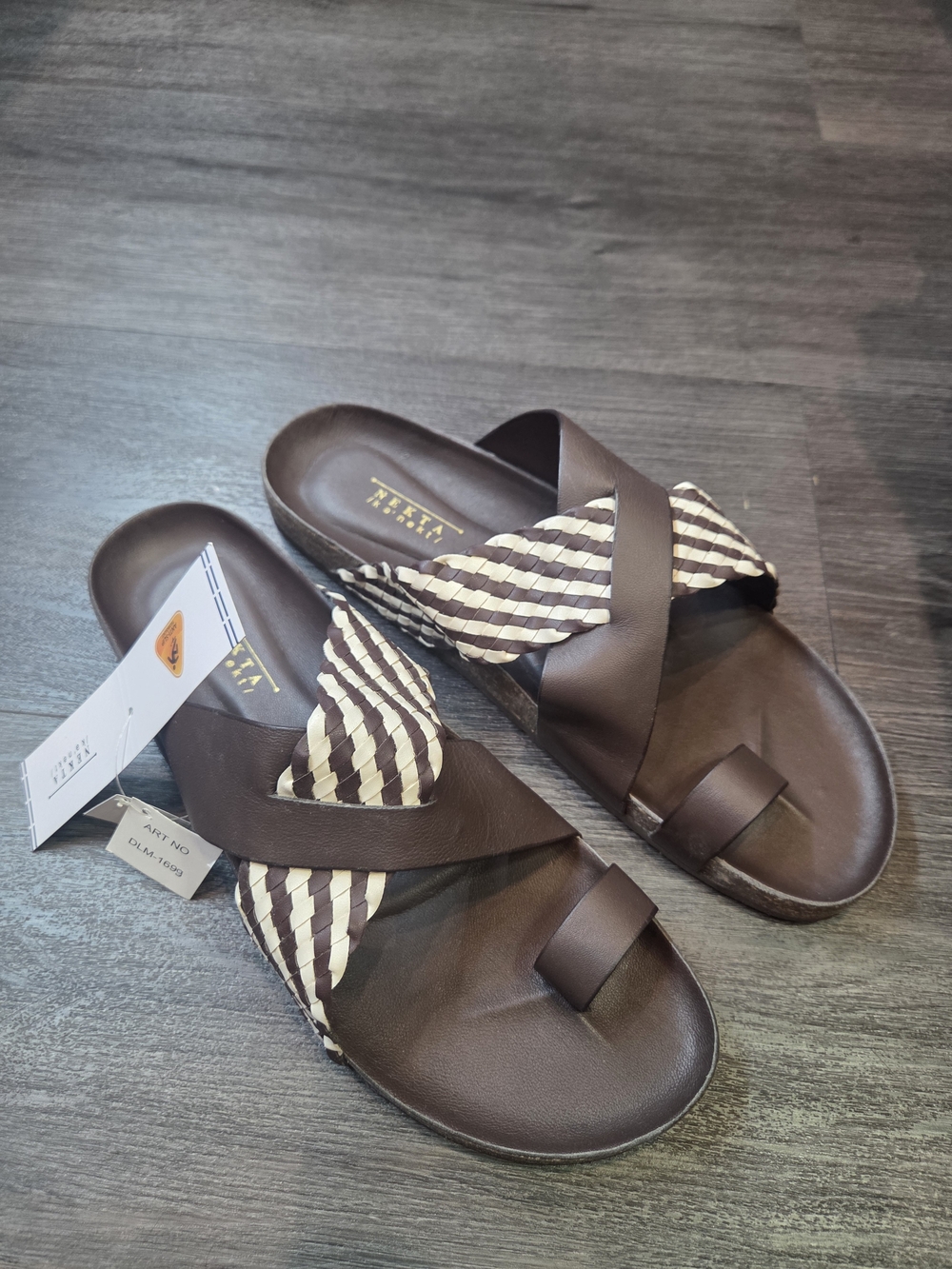 Men Brown Woven Cross-Strap Slide Sandals